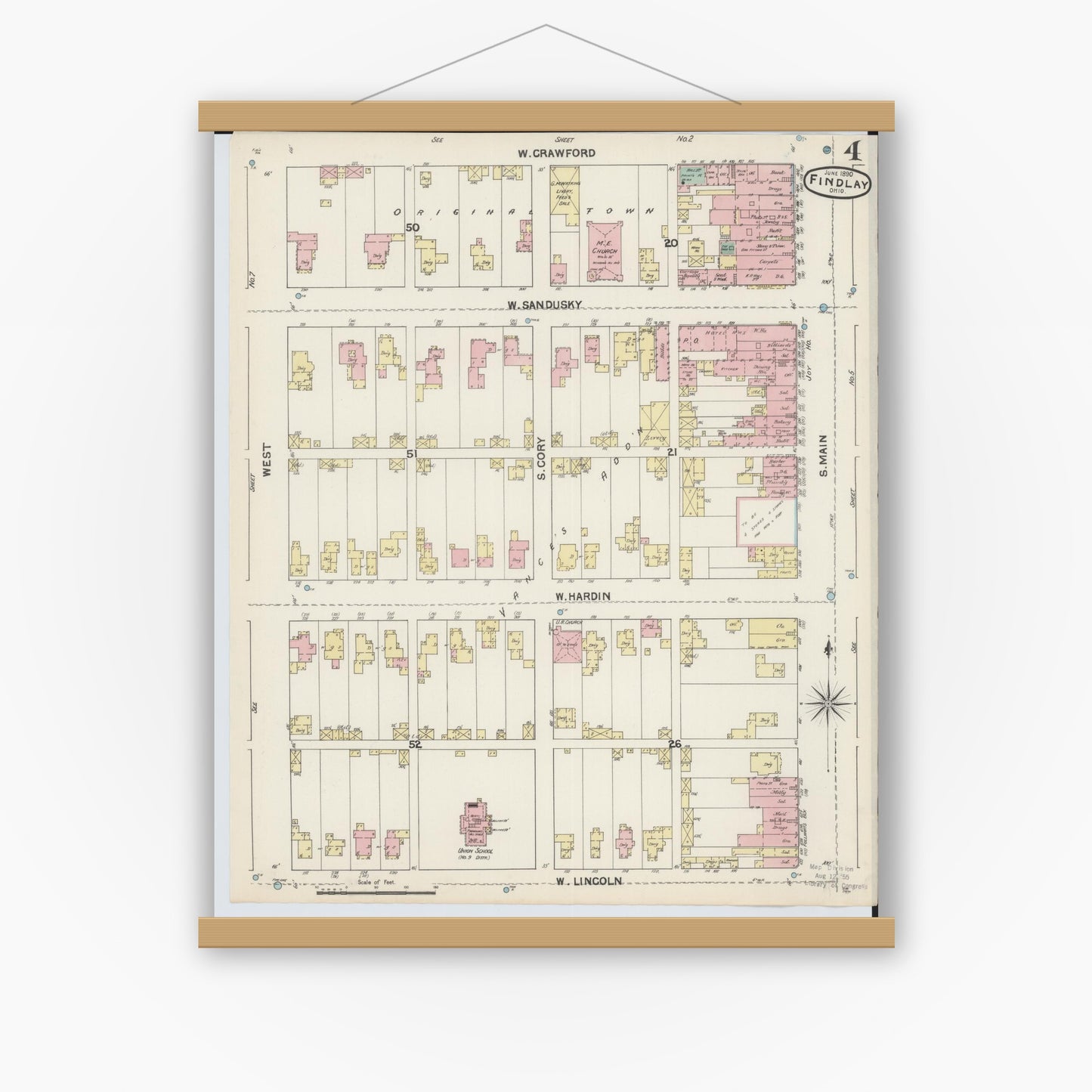 Old map wall art mockup — magnetic wood frame on white wall — Sanborn Fire Insurance Map from Findlay, Hancock County, Ohio (1890), Sheet #0004