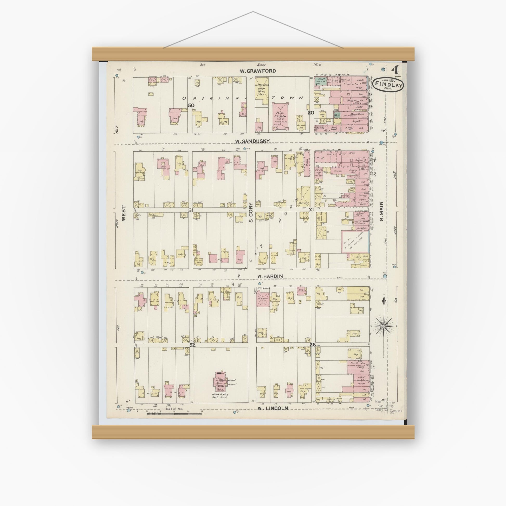 Old map wall art mockup — magnetic wood frame on white wall — Sanborn Fire Insurance Map from Findlay, Hancock County, Ohio (1890), Sheet #0004