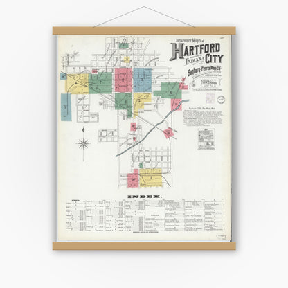Old map wall art mockup — magnetic wood frame on white wall — Sanborn Fire Insurance Map from Hartford City, Blackford County, Indiana (1901), Sheet #0001
