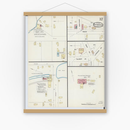 Old map wall art mockup — magnetic wood frame on white wall — Sanborn Fire Insurance Map from Kalamazoo, Kalamazoo County, Michigan (1891), Sheet #0017