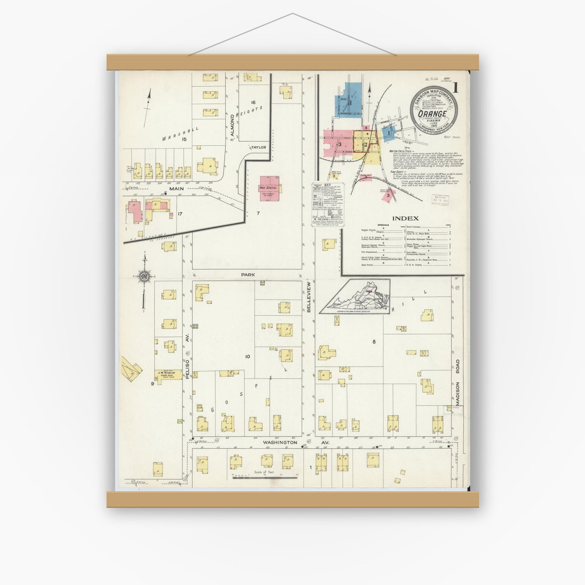 Old map wall art mockup — magnetic wood frame on white wall — Sanborn Fire Insurance Map from Orange, Orange County, Virginia (1915) - Complete Map Set