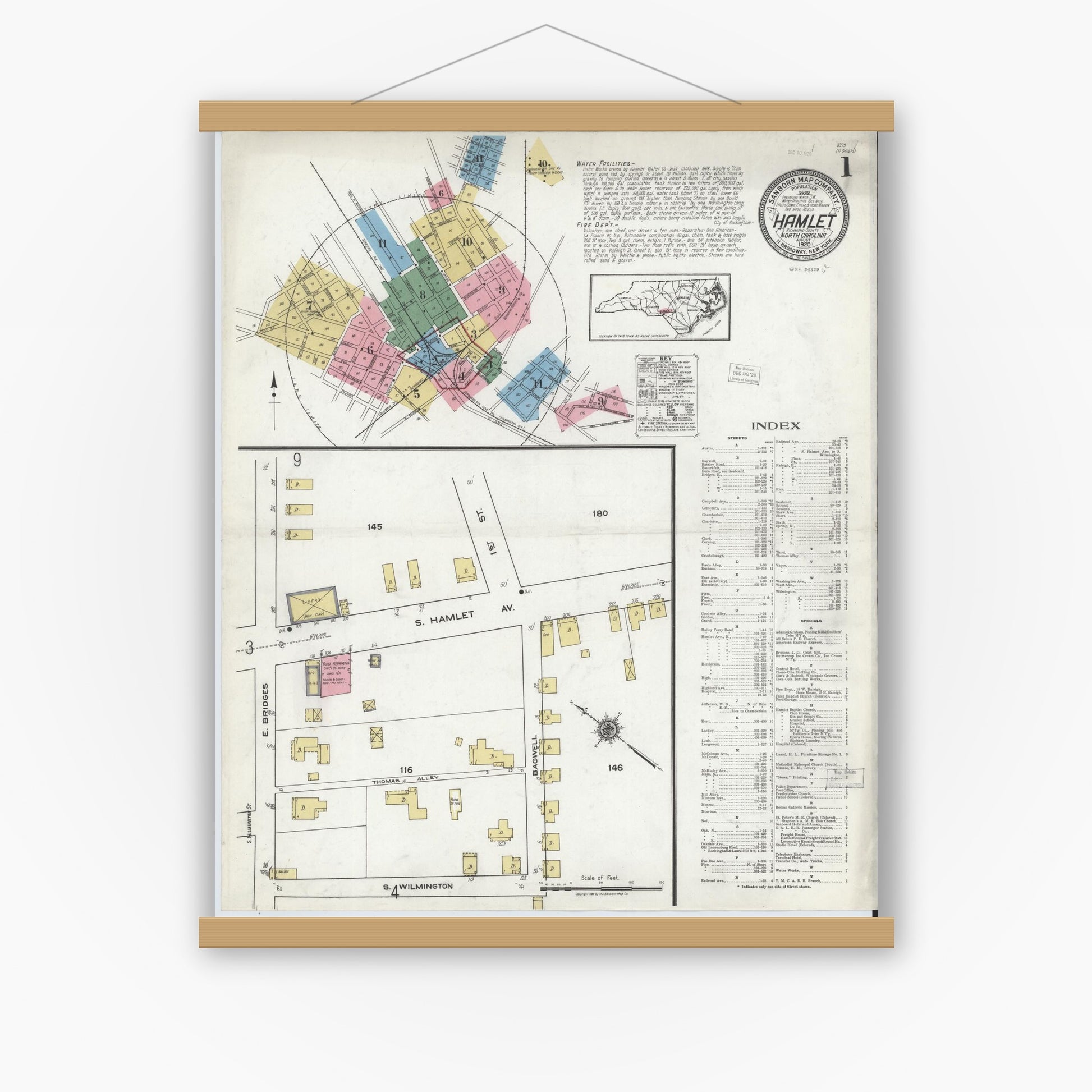 Old map wall art mockup — magnetic wood frame on white wall — Sanborn Fire Insurance Map from Hamlet, Richmond County, North Carolina (1920), Sheet #0001