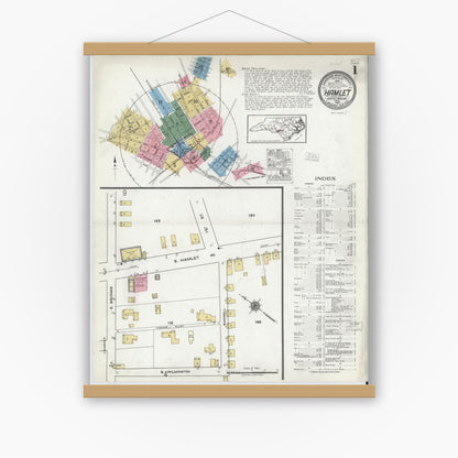 Old map wall art mockup — magnetic wood frame on white wall — Sanborn Fire Insurance Map from Hamlet, Richmond County, North Carolina (1920), Sheet #0001