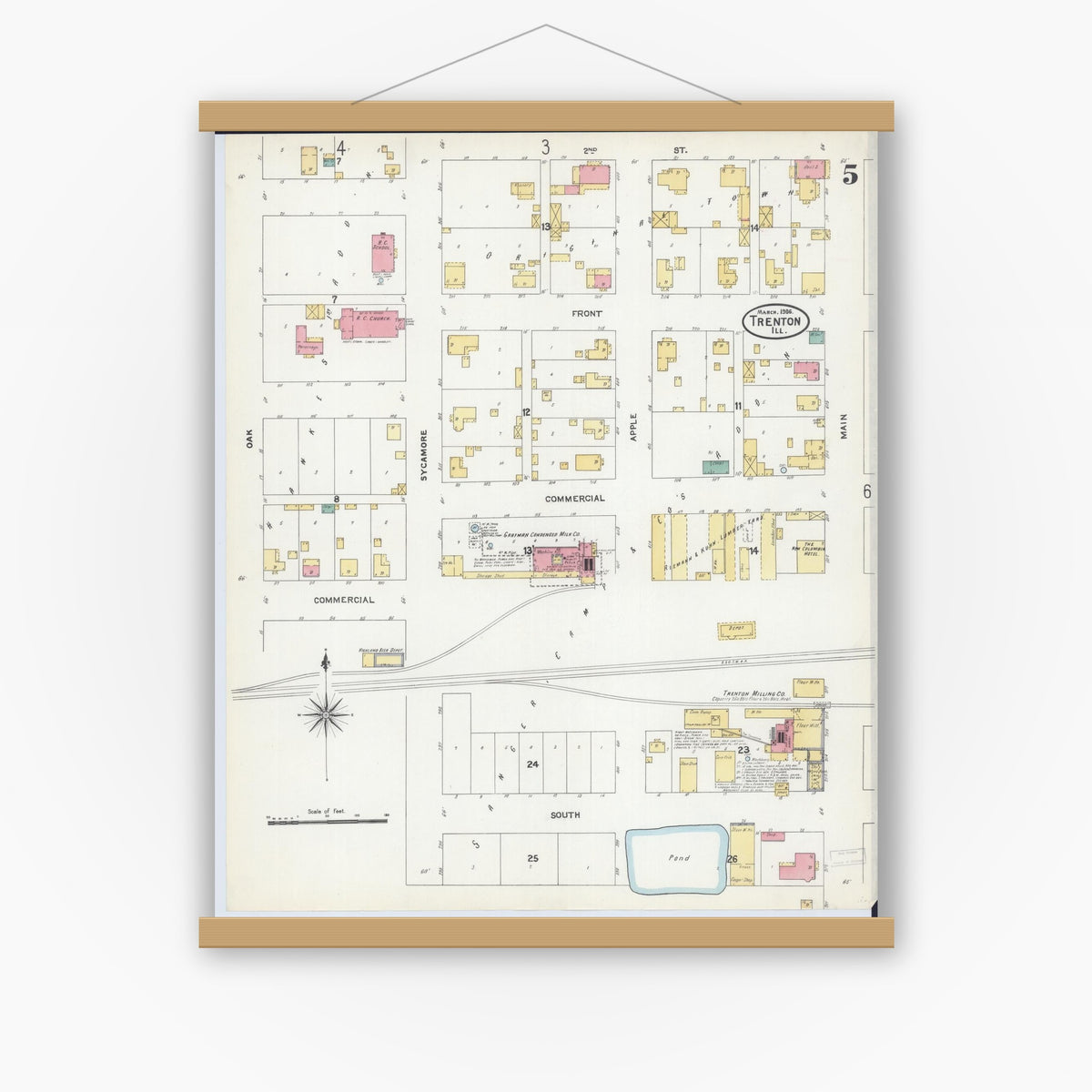Old map wall art mockup — magnetic wood frame on white wall — Sanborn Fire Insurance Map from Trenton, Clinton County, Illinois (1906), Sheet #0005