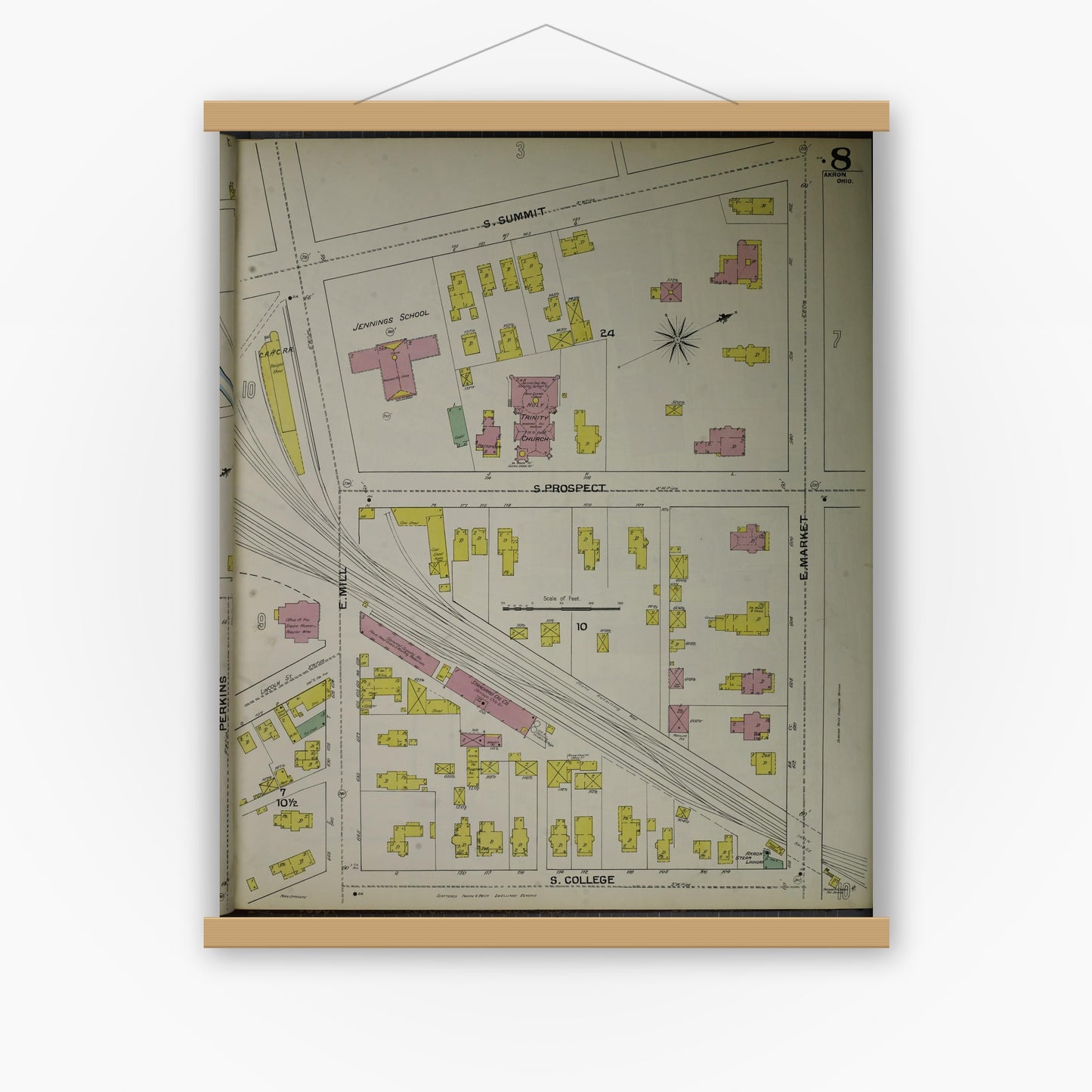 Old map wall art mockup — magnetic wood frame on white wall — Sanborn Fire Insurance Map from Akron, Summit County, Ohio (1892), Sheet #0008