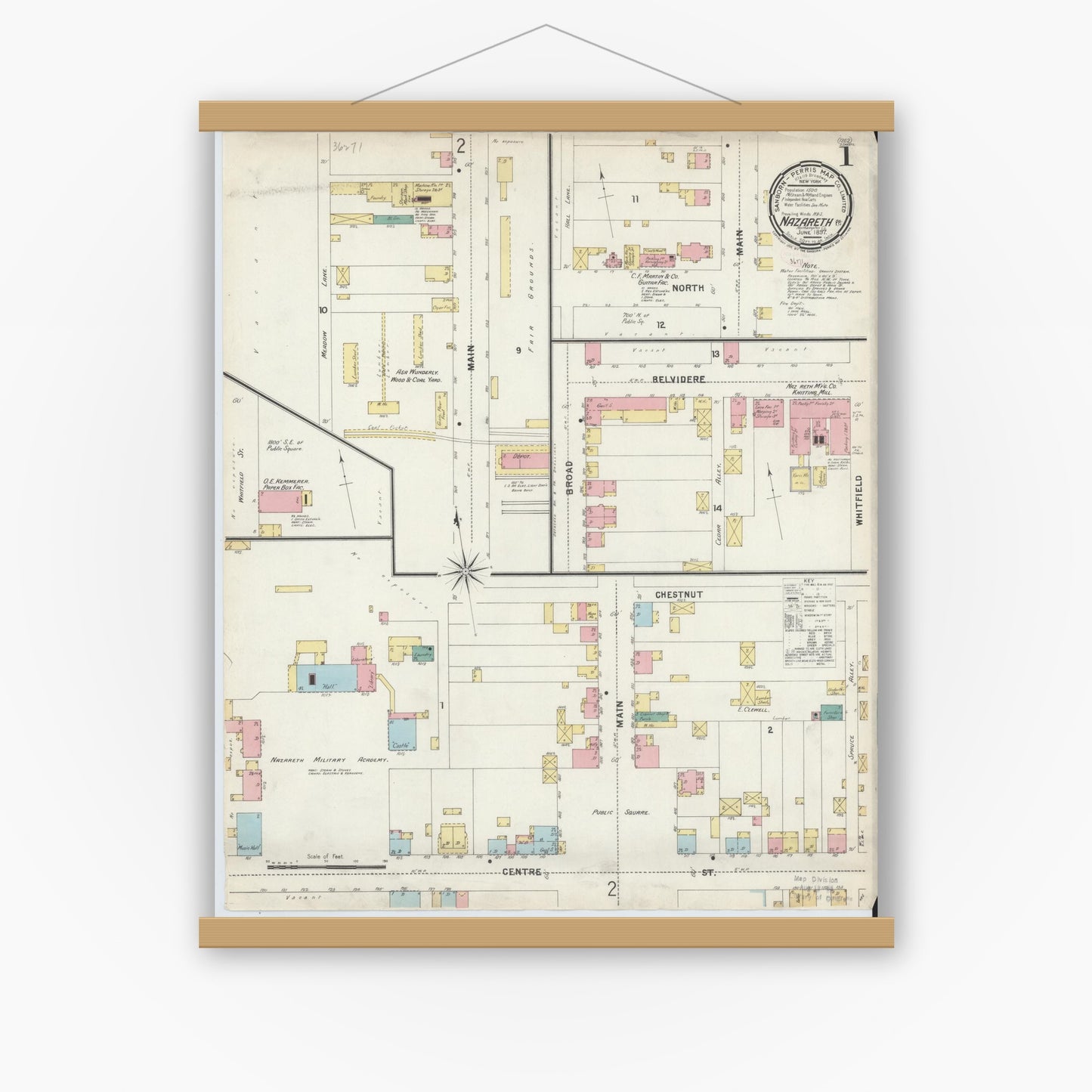 Old map wall art mockup — magnetic wood frame on white wall — Sanborn Fire Insurance Map from Nazareth, Northampton County, Pennsylvania (1897) - Complete Map Set