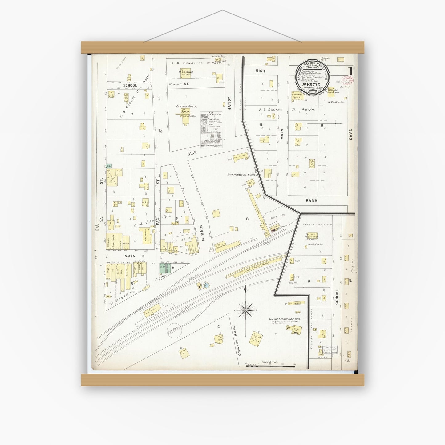 Old map wall art mockup — magnetic wood frame on white wall — Sanborn Fire Insurance Map from Mystic, Appanoose County, Iowa (1895), Sheet #0001