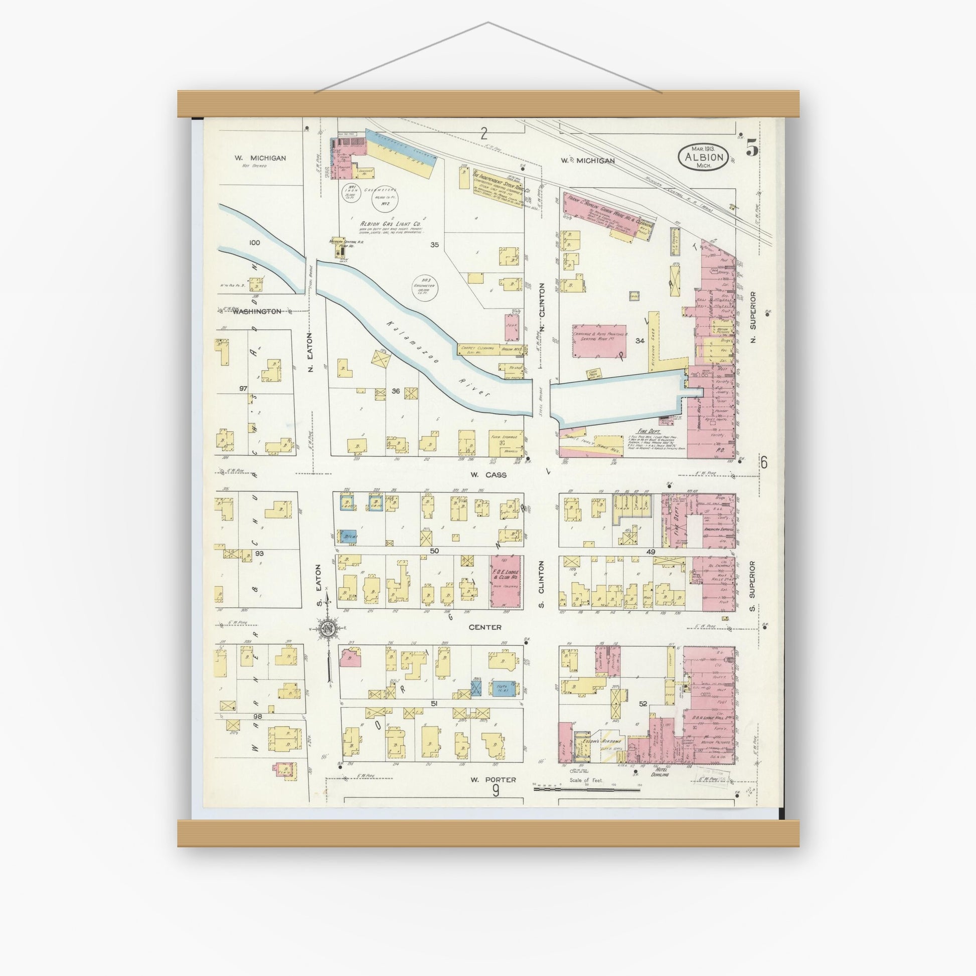 Old map wall art mockup — magnetic wood frame on white wall — Sanborn Fire Insurance Map from Albion, Calhoun County, Michigan (1913), Sheet #0005