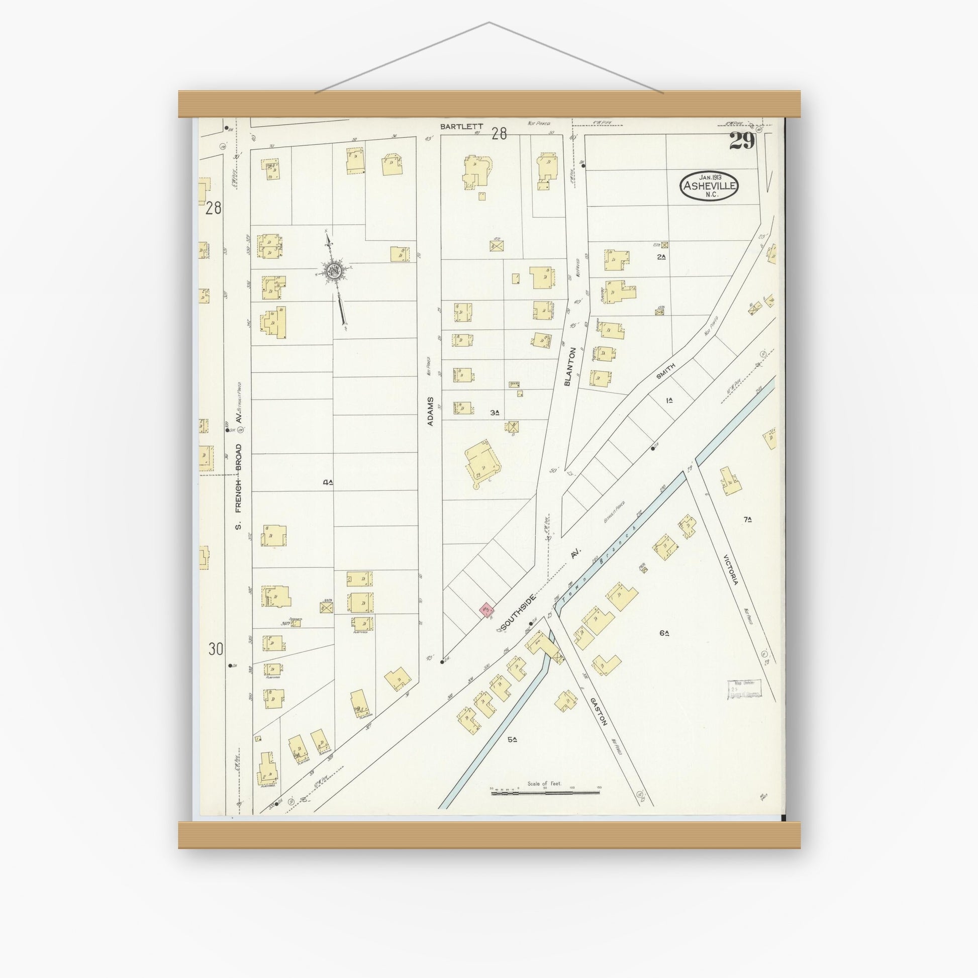 Old map wall art mockup — magnetic wood frame on white wall — Sanborn Fire Insurance Map from Asheville, Buncombe County, North Carolina (1913), Sheet #0029