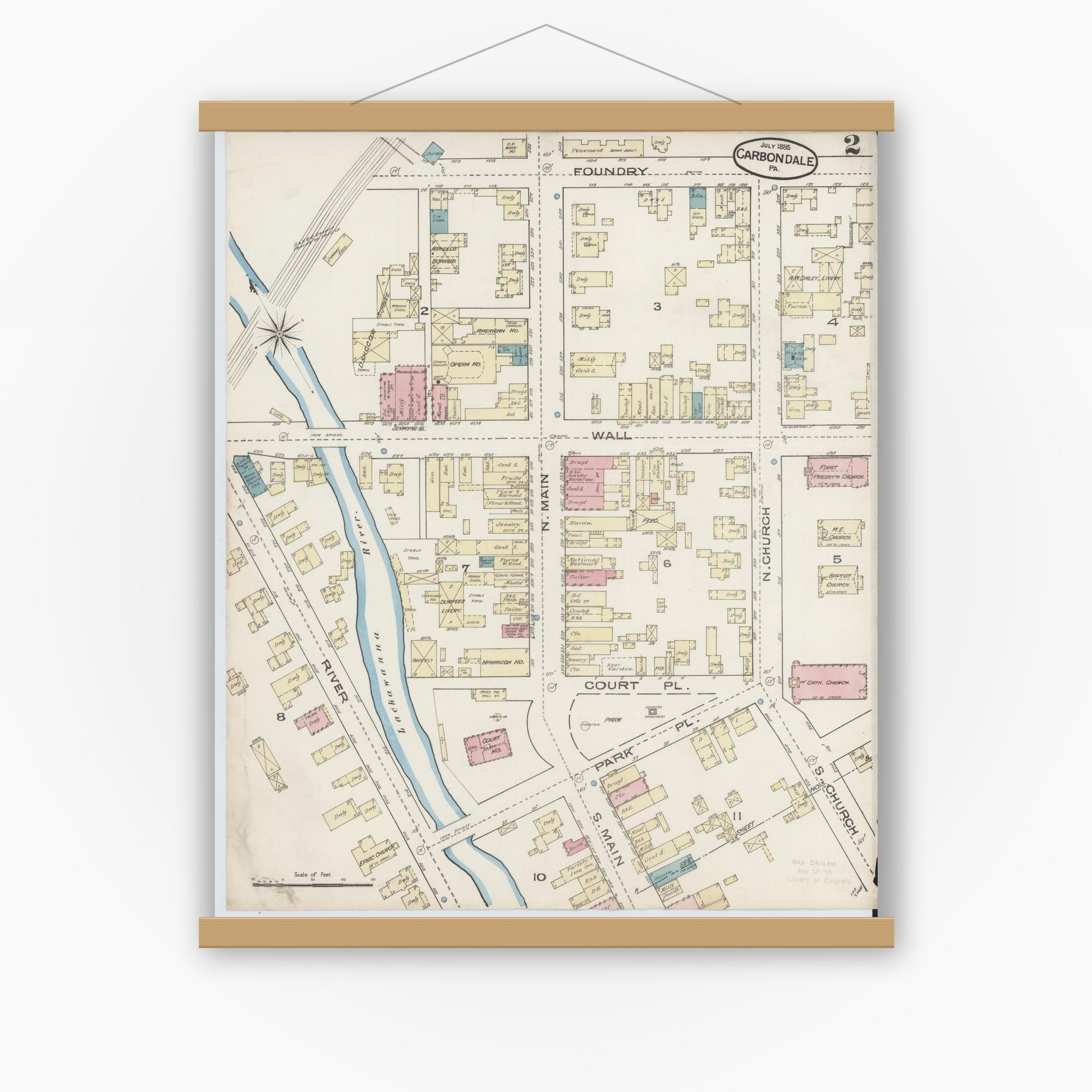 Old map wall art mockup — magnetic wood frame on white wall — Sanborn Fire Insurance Map from Carbondale, Lackawanna County, Pennsylvania (1885), Sheet #0002