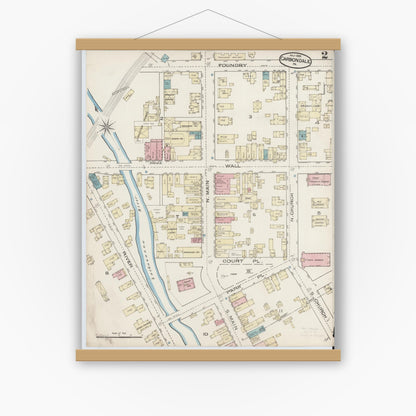 Old map wall art mockup — magnetic wood frame on white wall — Sanborn Fire Insurance Map from Carbondale, Lackawanna County, Pennsylvania (1885), Sheet #0002