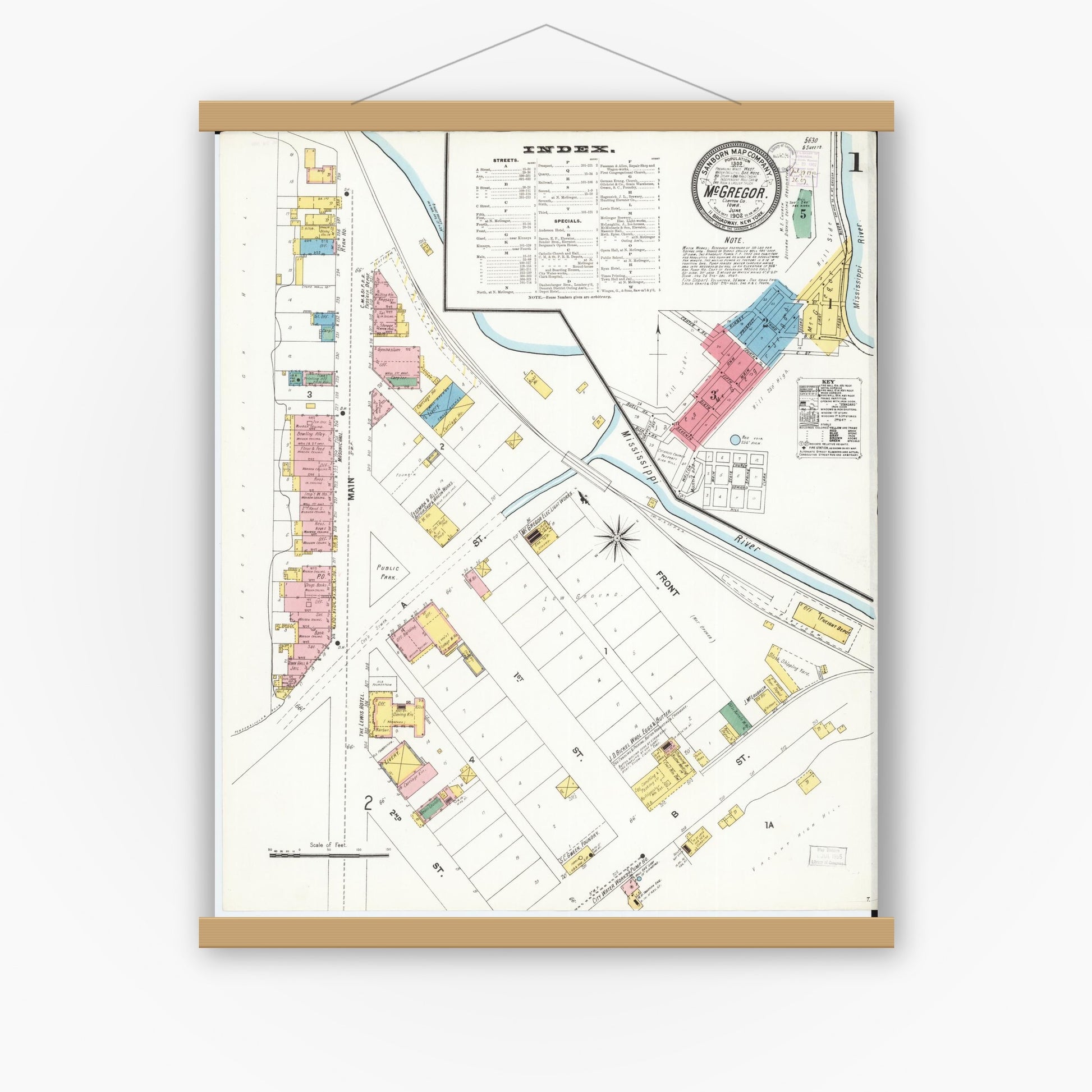 Old map wall art mockup — magnetic wood frame on white wall — Sanborn Fire Insurance Map from McGregor, Clayton County, Iowa (1902) â€” Complete Set