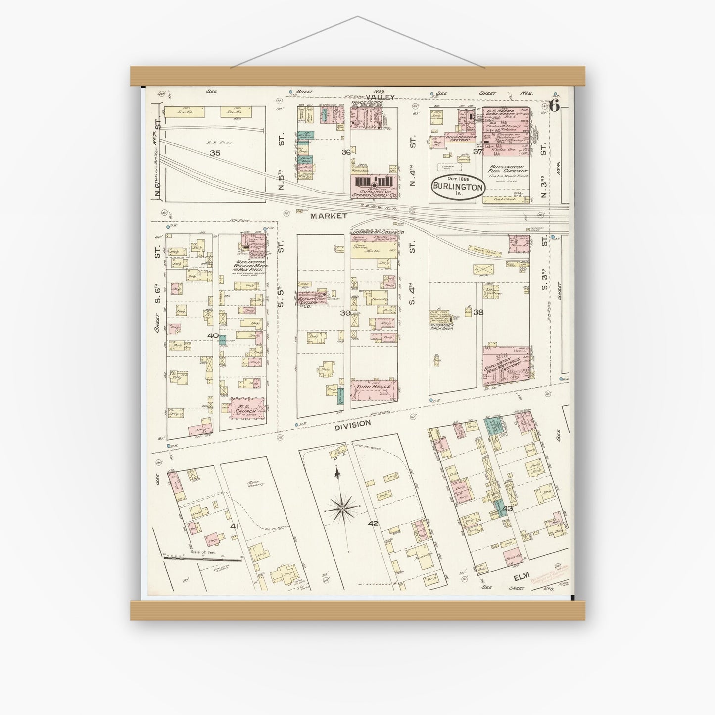 Old map wall art mockup — magnetic wood frame on white wall — Sanborn Fire Insurance Map from Burlington, Des Moines County, Iowa (1888), Sheet #0006