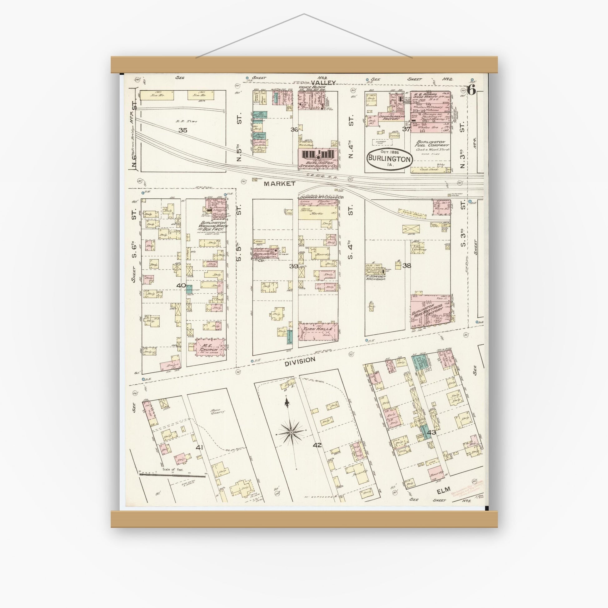 Old map wall art mockup — magnetic wood frame on white wall — Sanborn Fire Insurance Map from Burlington, Des Moines County, Iowa (1888), Sheet #0006