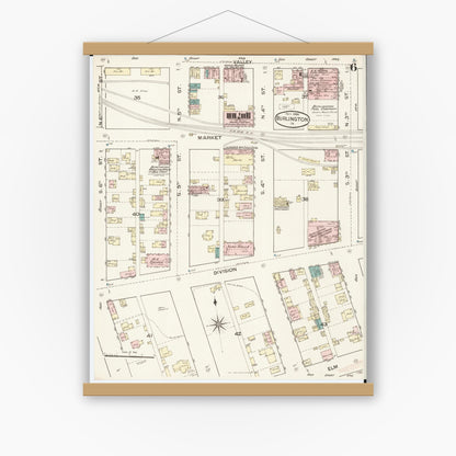 Old map wall art mockup — magnetic wood frame on white wall — Sanborn Fire Insurance Map from Burlington, Des Moines County, Iowa (1888), Sheet #0006