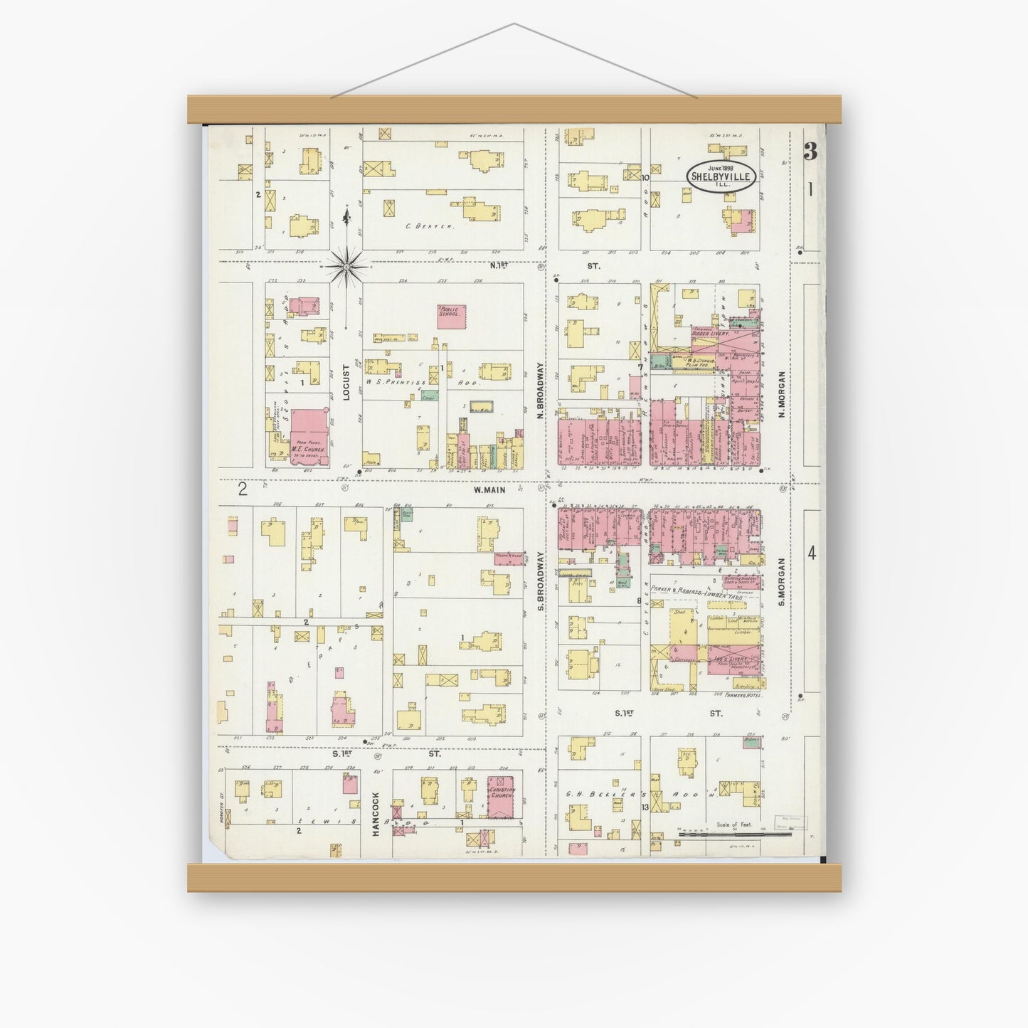 Old map wall art mockup — magnetic wood frame on white wall — Sanborn Fire Insurance Map from Shelbyville, Shelby County, Illinois (1898), Sheet #0003