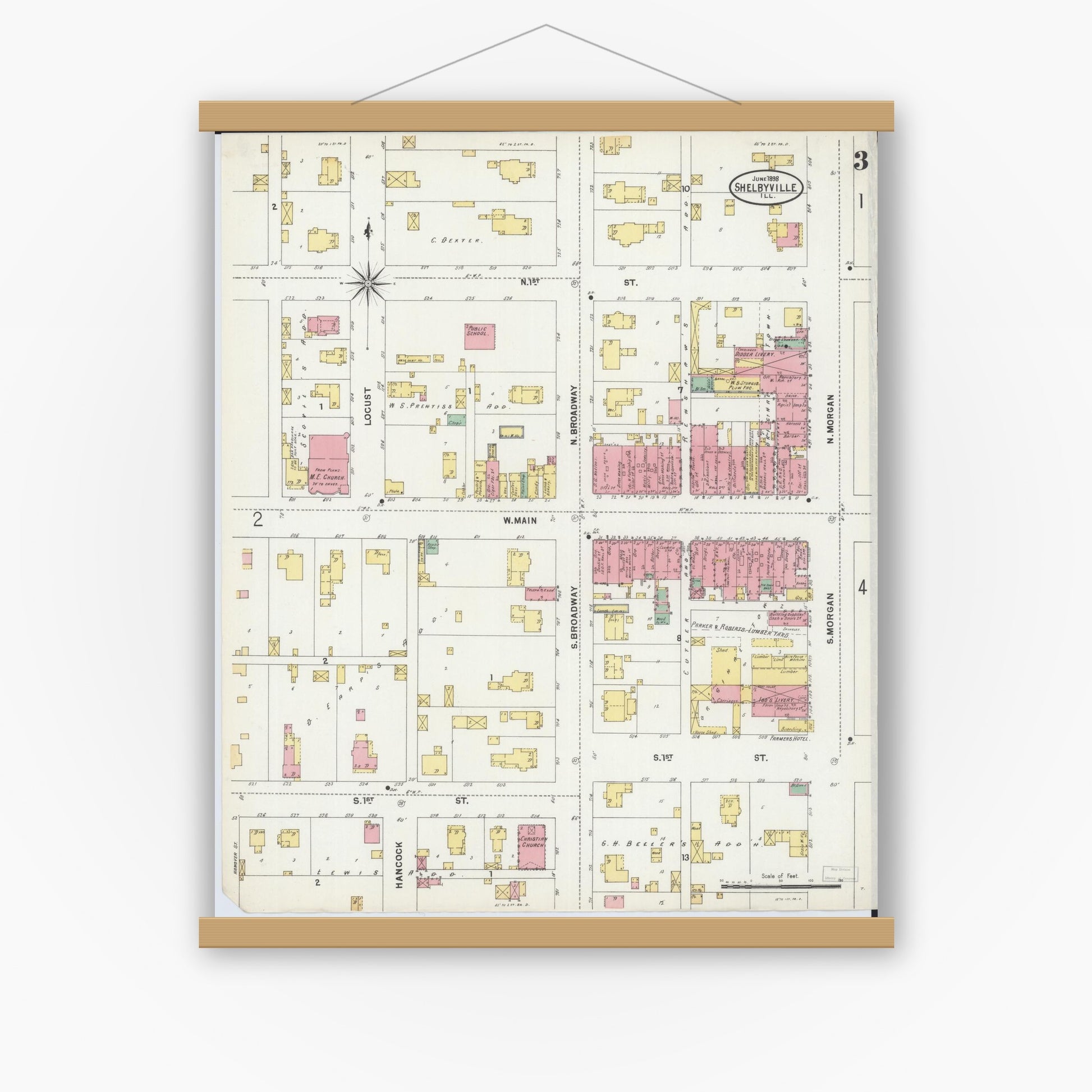 Old map wall art mockup — magnetic wood frame on white wall — Sanborn Fire Insurance Map from Shelbyville, Shelby County, Illinois (1898), Sheet #0003