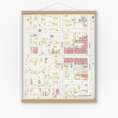 Old map wall art mockup — magnetic wood frame on white wall — Sanborn Fire Insurance Map from Shelbyville, Shelby County, Illinois (1898), Sheet #0003