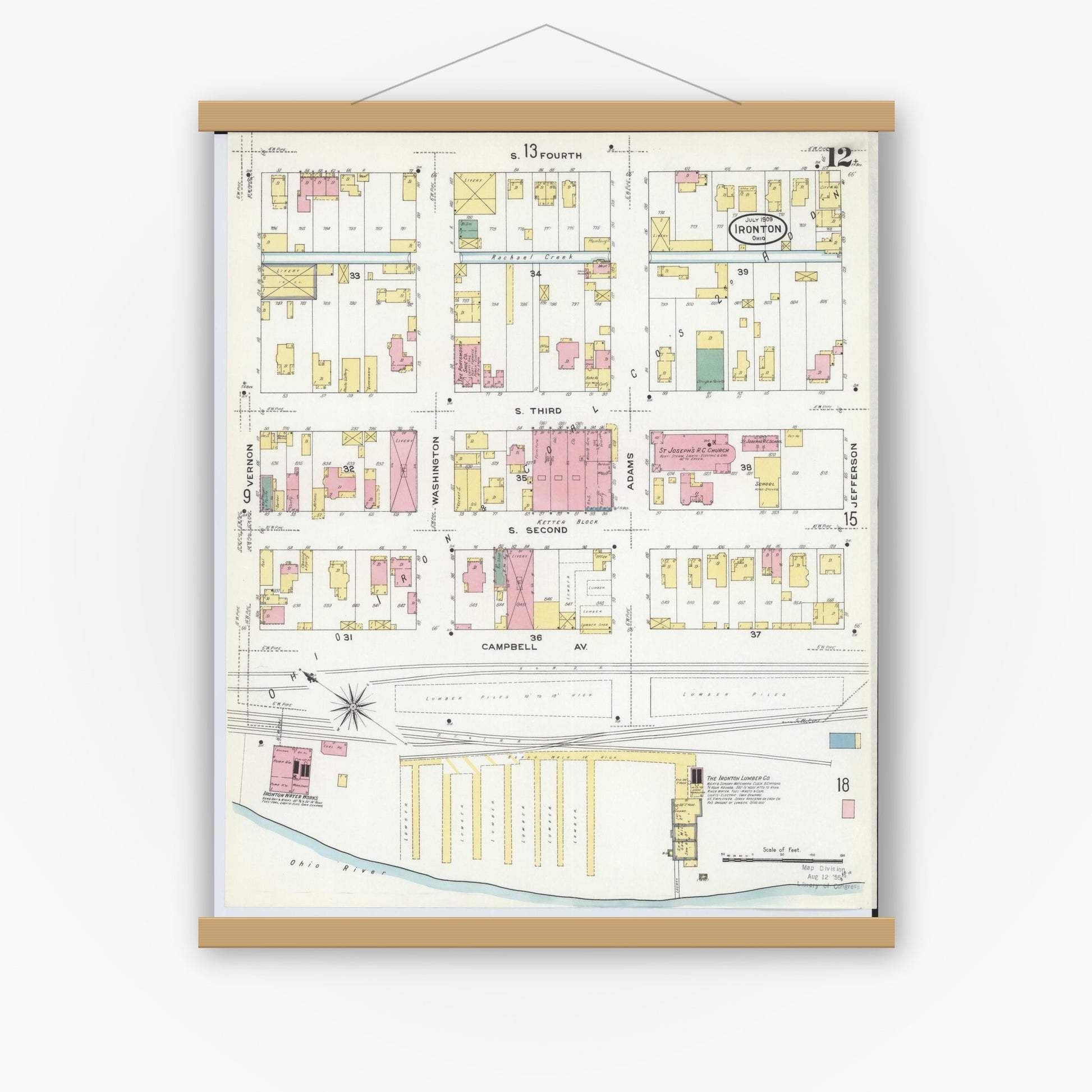 Old map wall art mockup — magnetic wood frame on white wall — Sanborn Fire Insurance Map from Ironton, Lawrence County, Ohio (1909), Sheet #0012