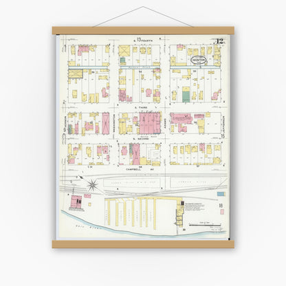 Old map wall art mockup — magnetic wood frame on white wall — Sanborn Fire Insurance Map from Ironton, Lawrence County, Ohio (1909), Sheet #0012