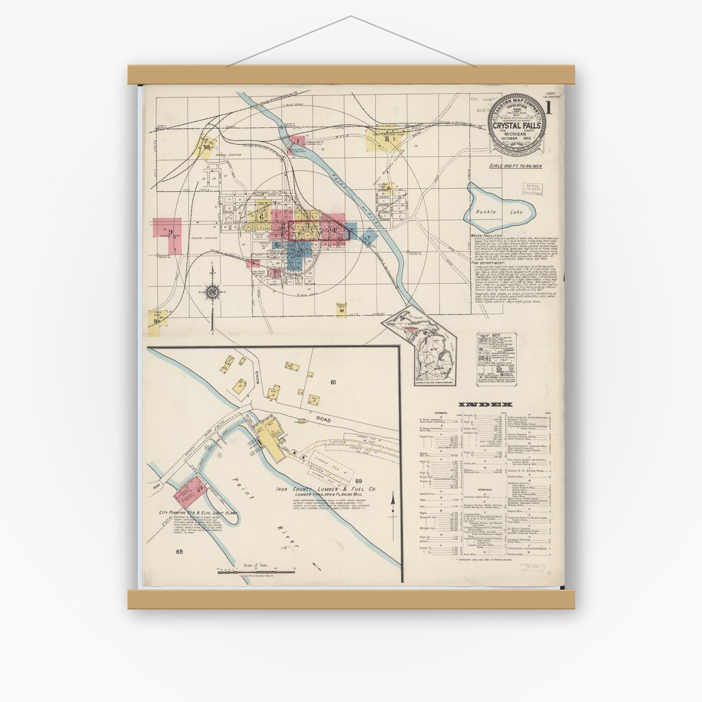 Old map wall art mockup — magnetic wood frame on white wall — Sanborn Fire Insurance Map from Crystal Falls, Iron County, Michigan (1922) - Complete Map Set