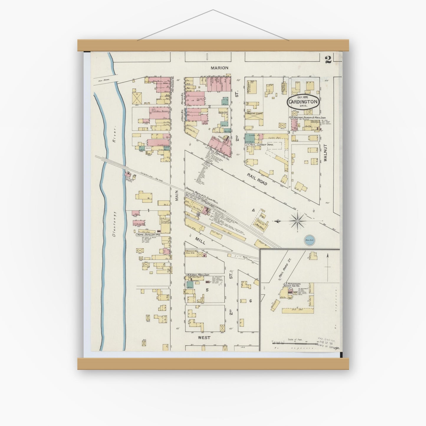 Old map wall art mockup — magnetic wood frame on white wall — Sanborn Fire Insurance Map from Cardington, Morrow County, Ohio (1892), Sheet #0002