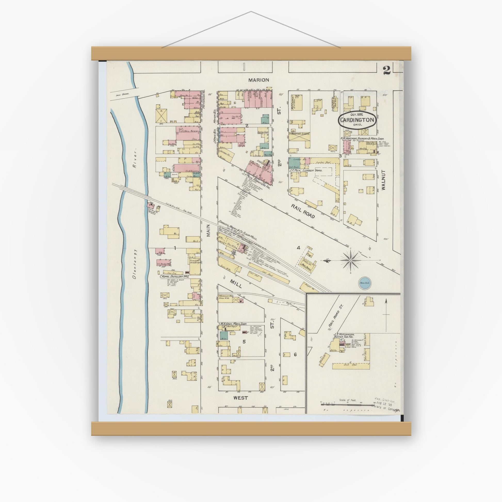 Old map wall art mockup — magnetic wood frame on white wall — Sanborn Fire Insurance Map from Cardington, Morrow County, Ohio (1892), Sheet #0002
