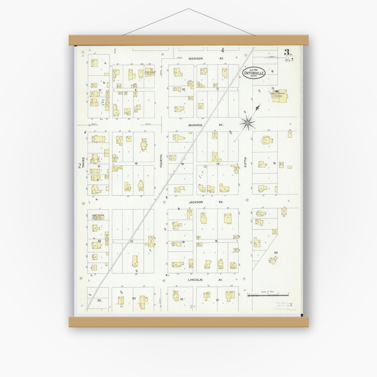 Old map wall art mockup — magnetic wood frame on white wall — Sanborn Fire Insurance Map from Ortonville, Big Stone County, Minnesota (1909), Sheet #0003