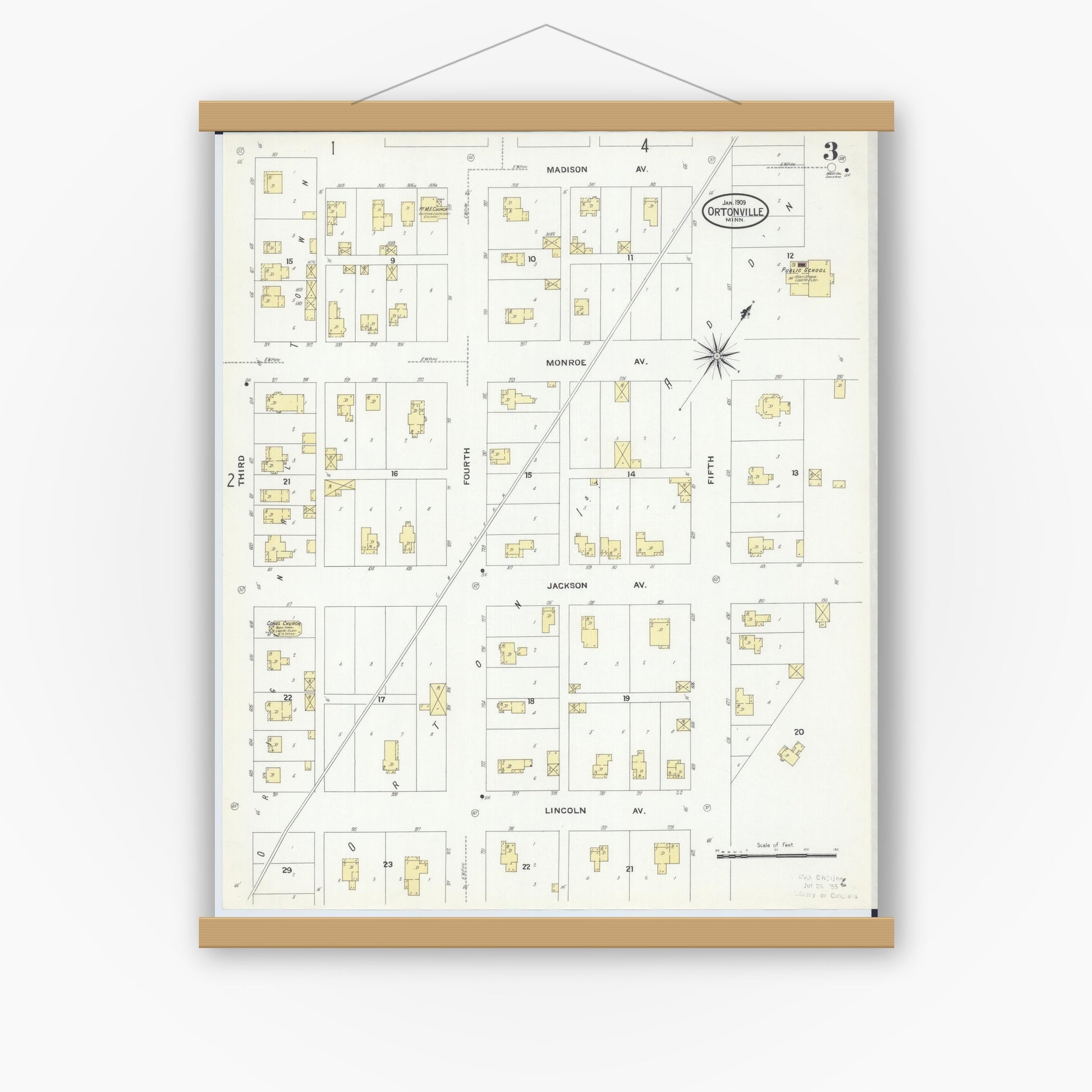 Old map wall art mockup — magnetic wood frame on white wall — Sanborn Fire Insurance Map from Ortonville, Big Stone County, Minnesota (1909), Sheet #0003