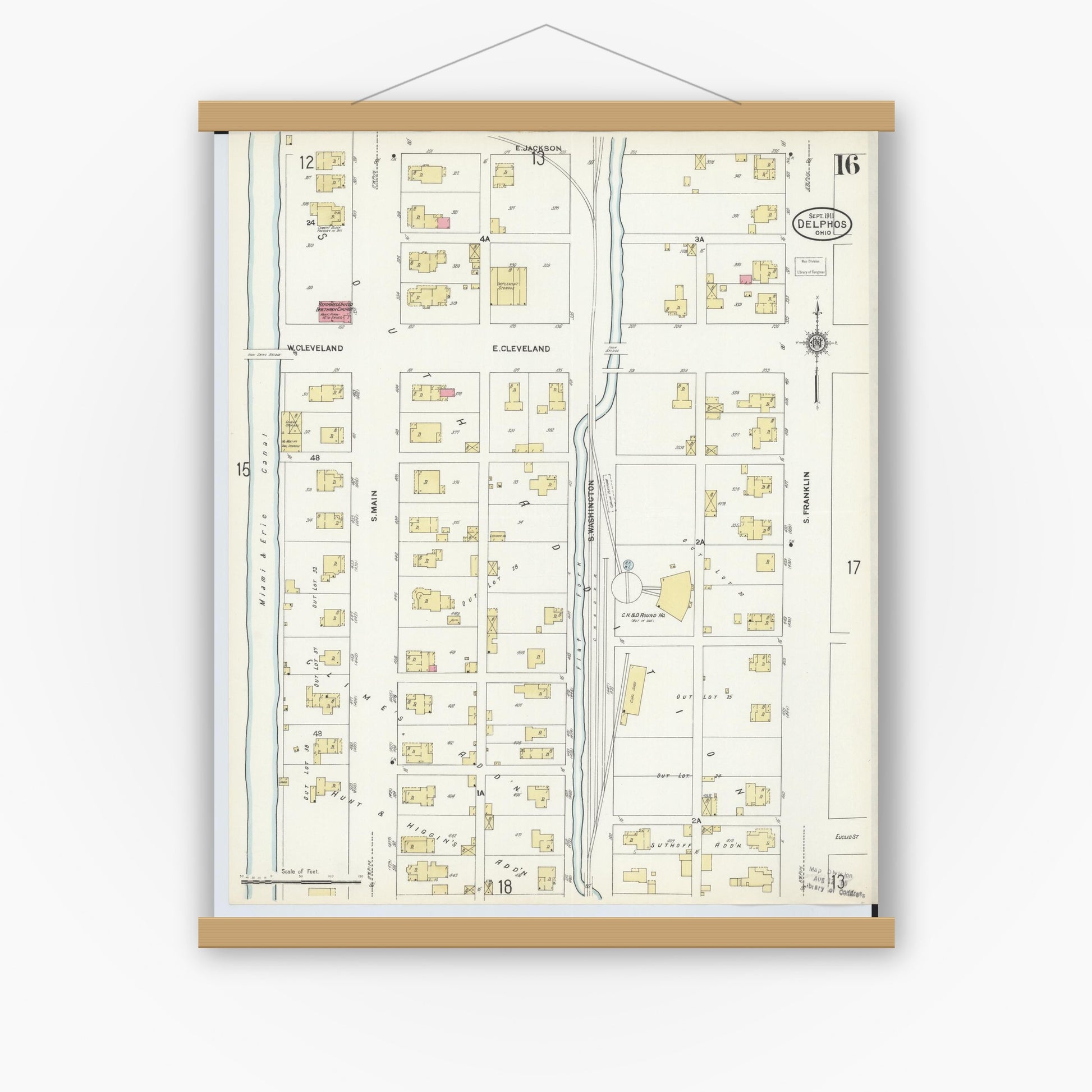 Old map wall art mockup — magnetic wood frame on white wall — Sanborn Fire Insurance Map from Delphos, Van Wert And Allen Counties, Ohio (1911), Sheet #0016