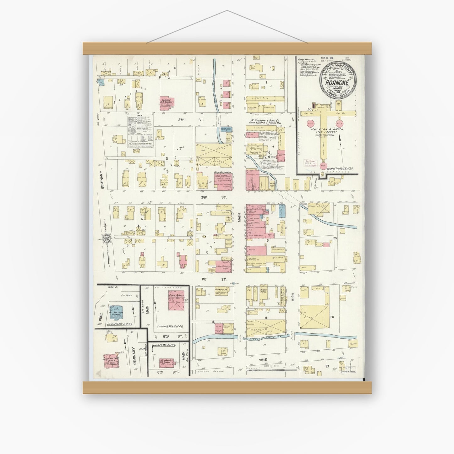 Old map wall art mockup — magnetic wood frame on white wall — Sanborn Fire Insurance Map from Roanoke, Huntington County, Indiana (1912), Sheet #0001