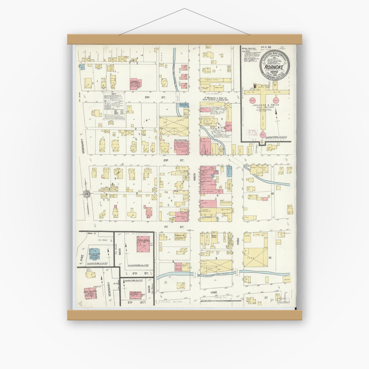 Old map wall art mockup — magnetic wood frame on white wall — Sanborn Fire Insurance Map from Roanoke, Huntington County, Indiana (1912), Sheet #0001
