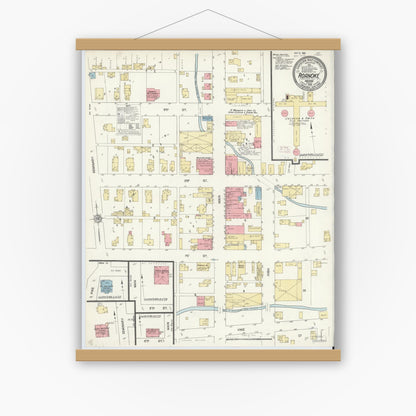 Old map wall art mockup — magnetic wood frame on white wall — Sanborn Fire Insurance Map from Roanoke, Huntington County, Indiana (1912), Sheet #0001