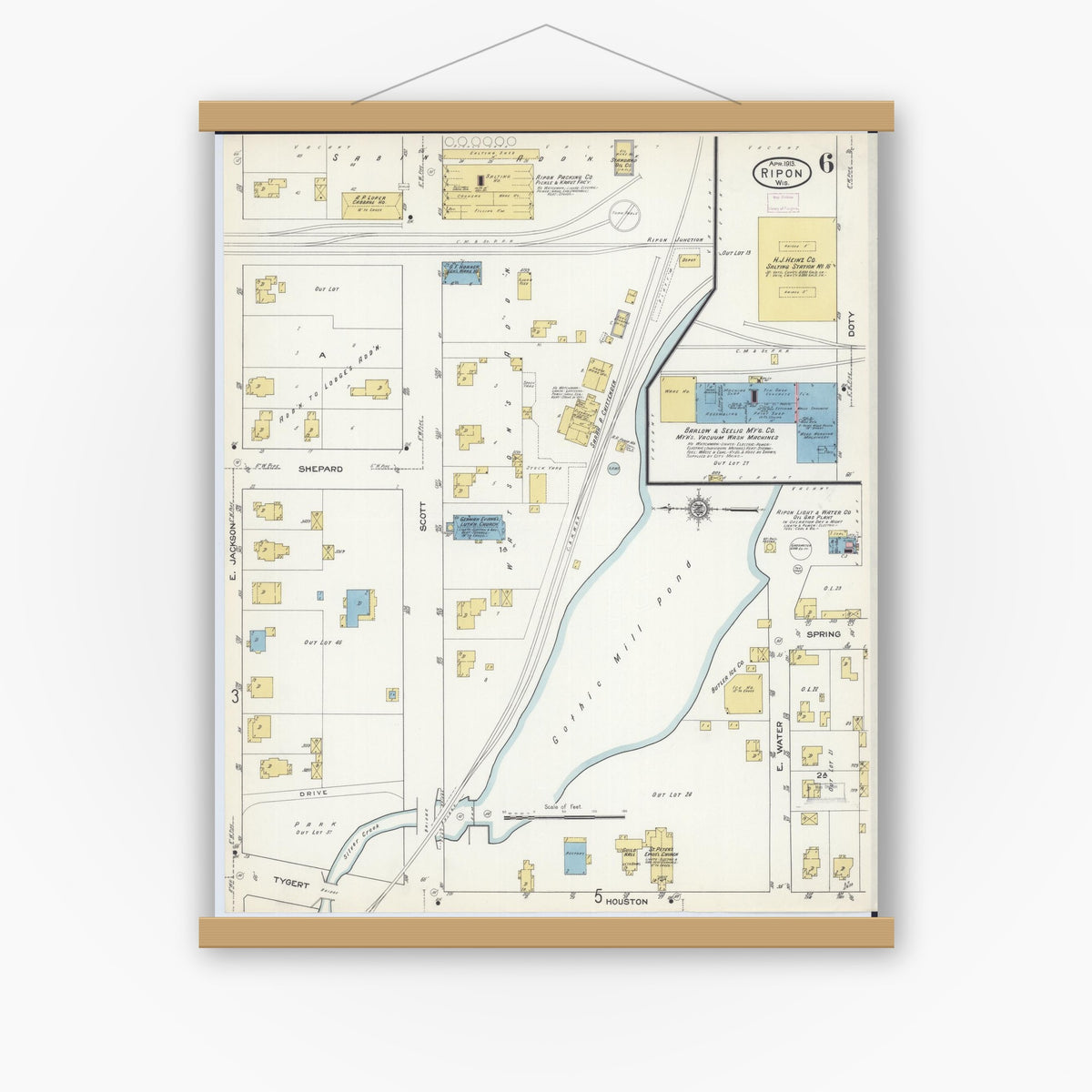 Old map wall art mockup — magnetic wood frame on white wall — Sanborn Fire Insurance Map from Ripon, Fond du Lac County, Wisconsin (1913), Sheet #0006