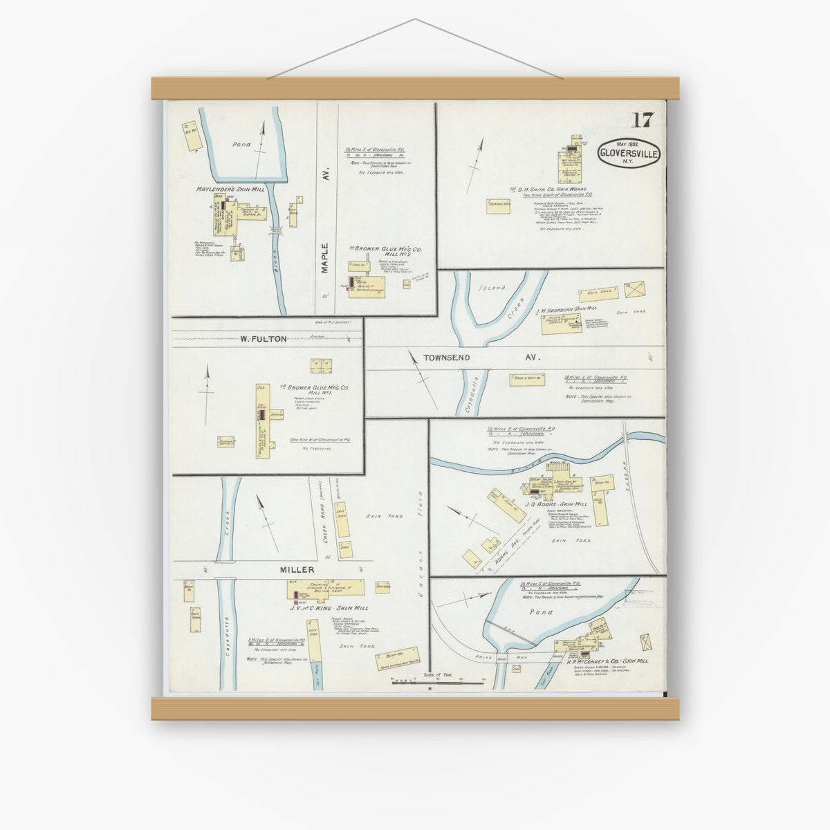 Old map wall art mockup — magnetic wood frame on white wall — Sanborn Fire Insurance Map from Gloversville, Fulton County, New York (1892), Sheet #0017