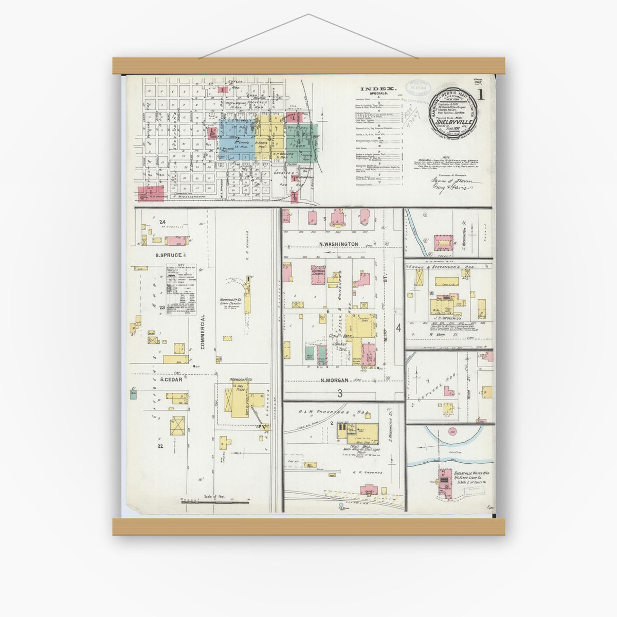 Old map wall art mockup — magnetic wood frame on white wall — Sanborn Fire Insurance Map from Shelbyville, Shelby County, Illinois (1898) - Complete Map Set
