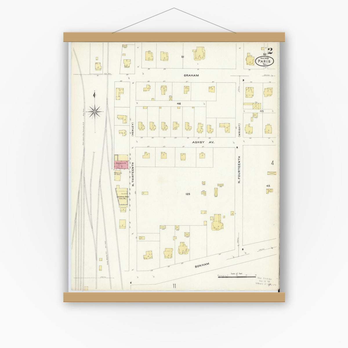 Old map wall art mockup — magnetic wood frame on white wall — Sanborn Fire Insurance Map from Paris, Lamar County, Texas (1908), Sheet #0002