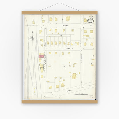 Old map wall art mockup — magnetic wood frame on white wall — Sanborn Fire Insurance Map from Paris, Lamar County, Texas (1908), Sheet #0002