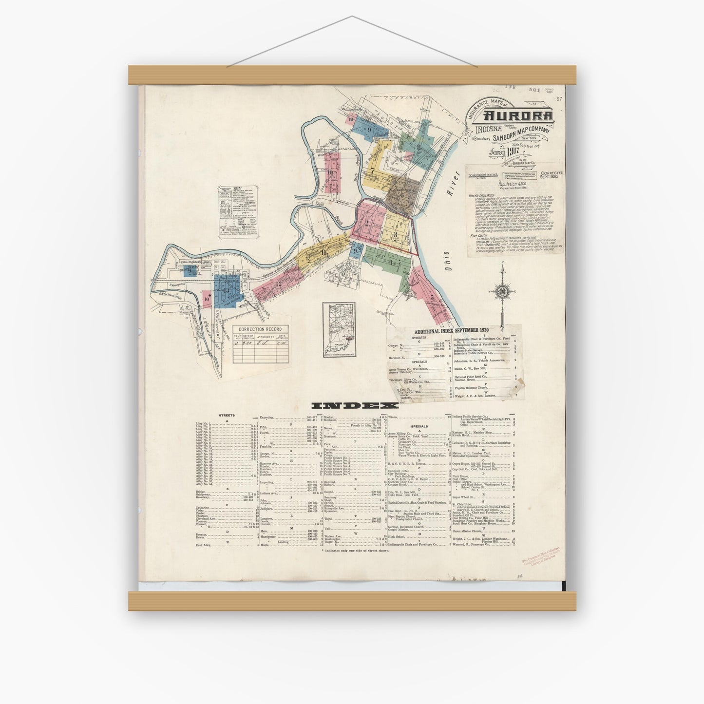 Old map wall art mockup — magnetic wood frame on white wall — Sanborn Fire Insurance Map from Aurora, Dearborn County, Indiana (1935) - Complete Map Set