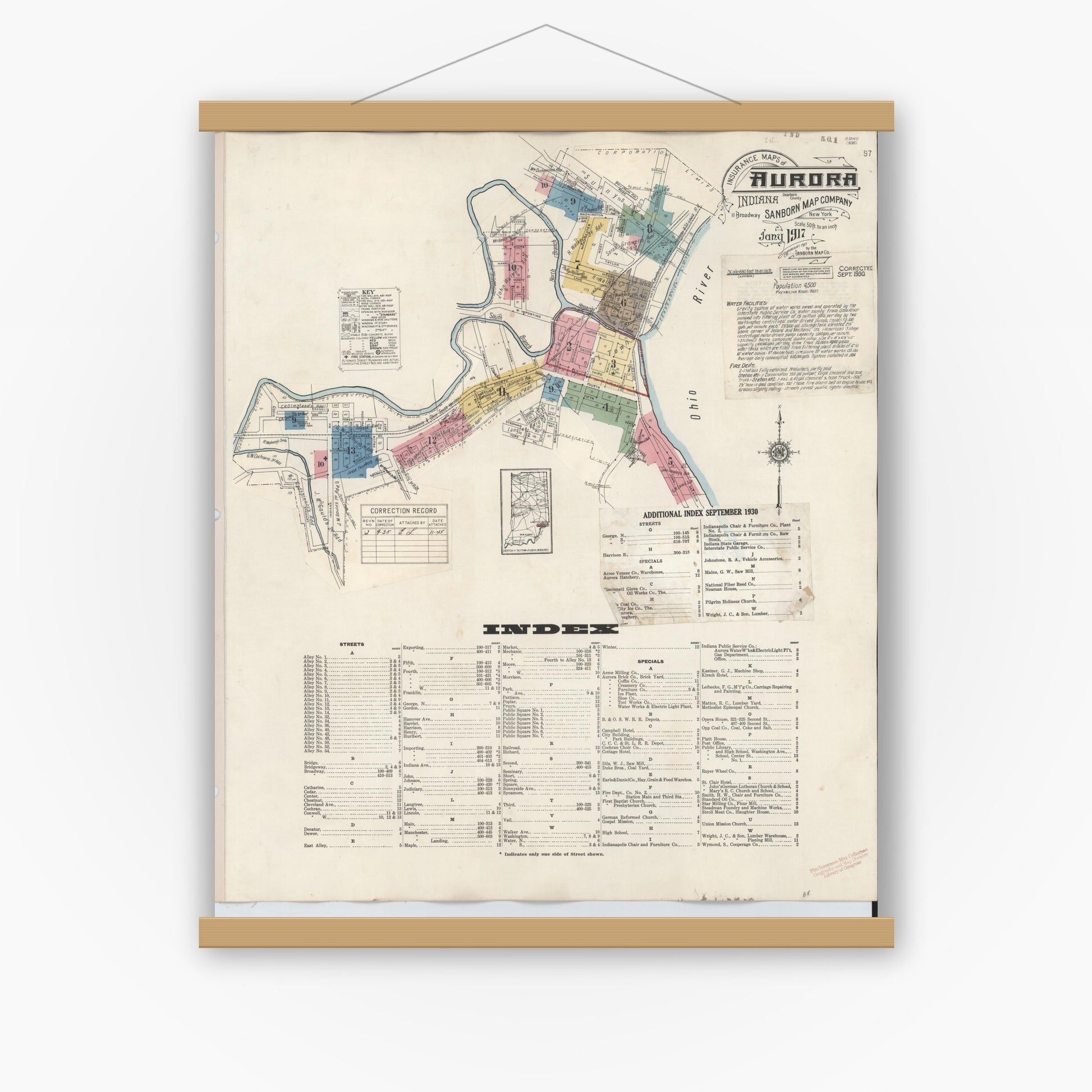Old map wall art mockup — magnetic wood frame on white wall — Sanborn Fire Insurance Map from Aurora, Dearborn County, Indiana (1935) - Complete Map Set