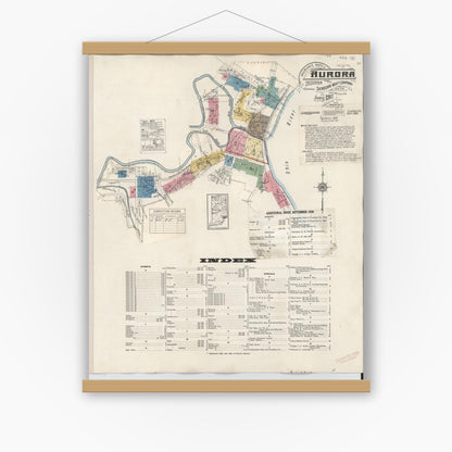 Old map wall art mockup — magnetic wood frame on white wall — Sanborn Fire Insurance Map from Aurora, Dearborn County, Indiana (1935) - Complete Map Set