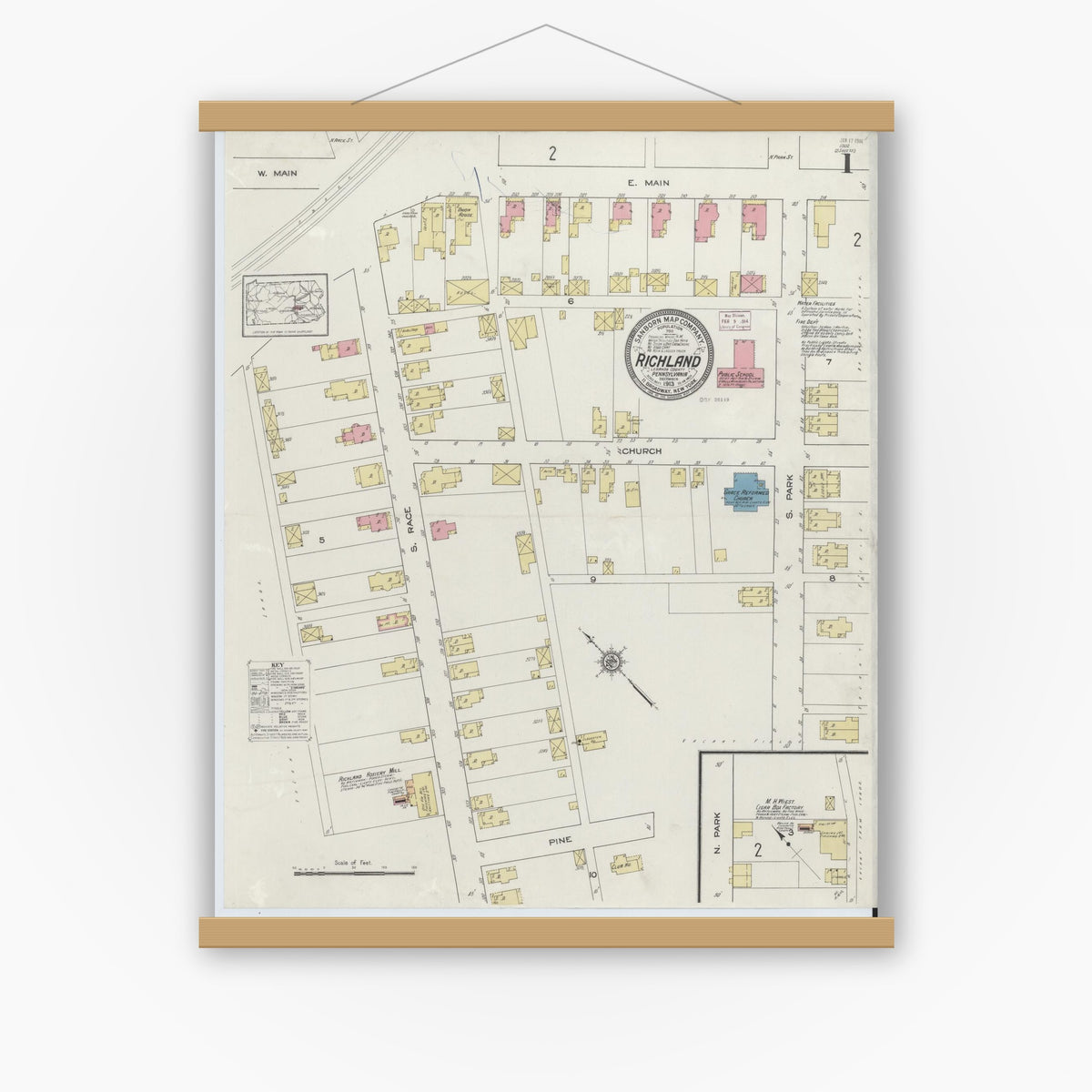 Old map wall art mockup — magnetic wood frame on white wall — Sanborn Fire Insurance Map from Richland, Lebanon County, Pennsylvania (1913) - Complete Map Set