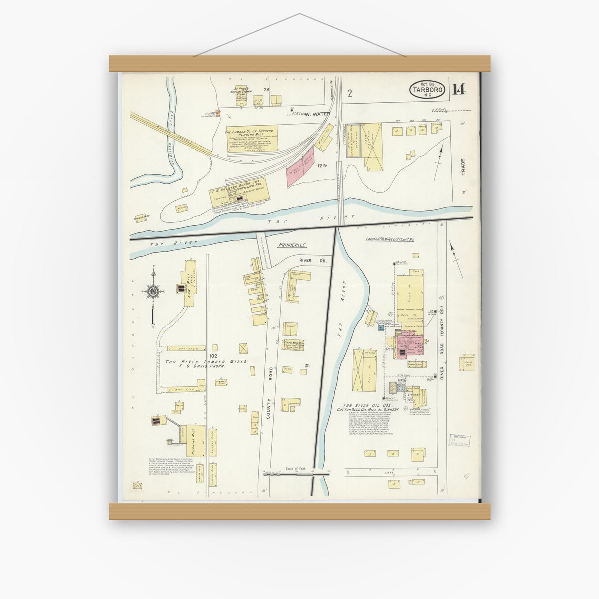 Old map wall art mockup — magnetic wood frame on white wall — Sanborn Fire Insurance Map from Tarboro, Edgecombe County, North Carolina (1913), Sheet #0014
