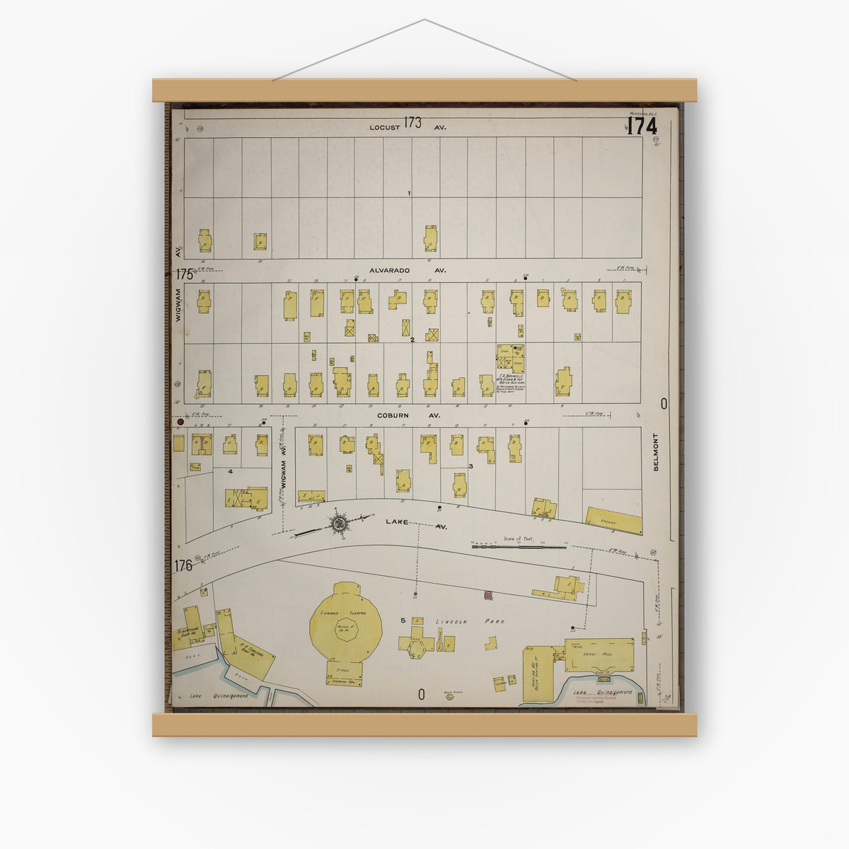 Old map wall art mockup — magnetic wood frame on white wall — Sanborn Fire Insurance Map from Worcester, Worcester County, Massachusetts (1910), Sheet #0174