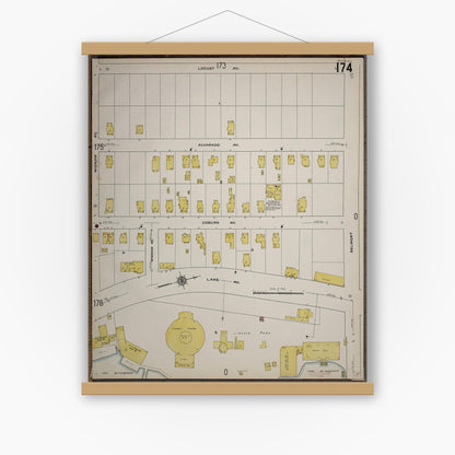 Old map wall art mockup — magnetic wood frame on white wall — Sanborn Fire Insurance Map from Worcester, Worcester County, Massachusetts (1910), Sheet #0174