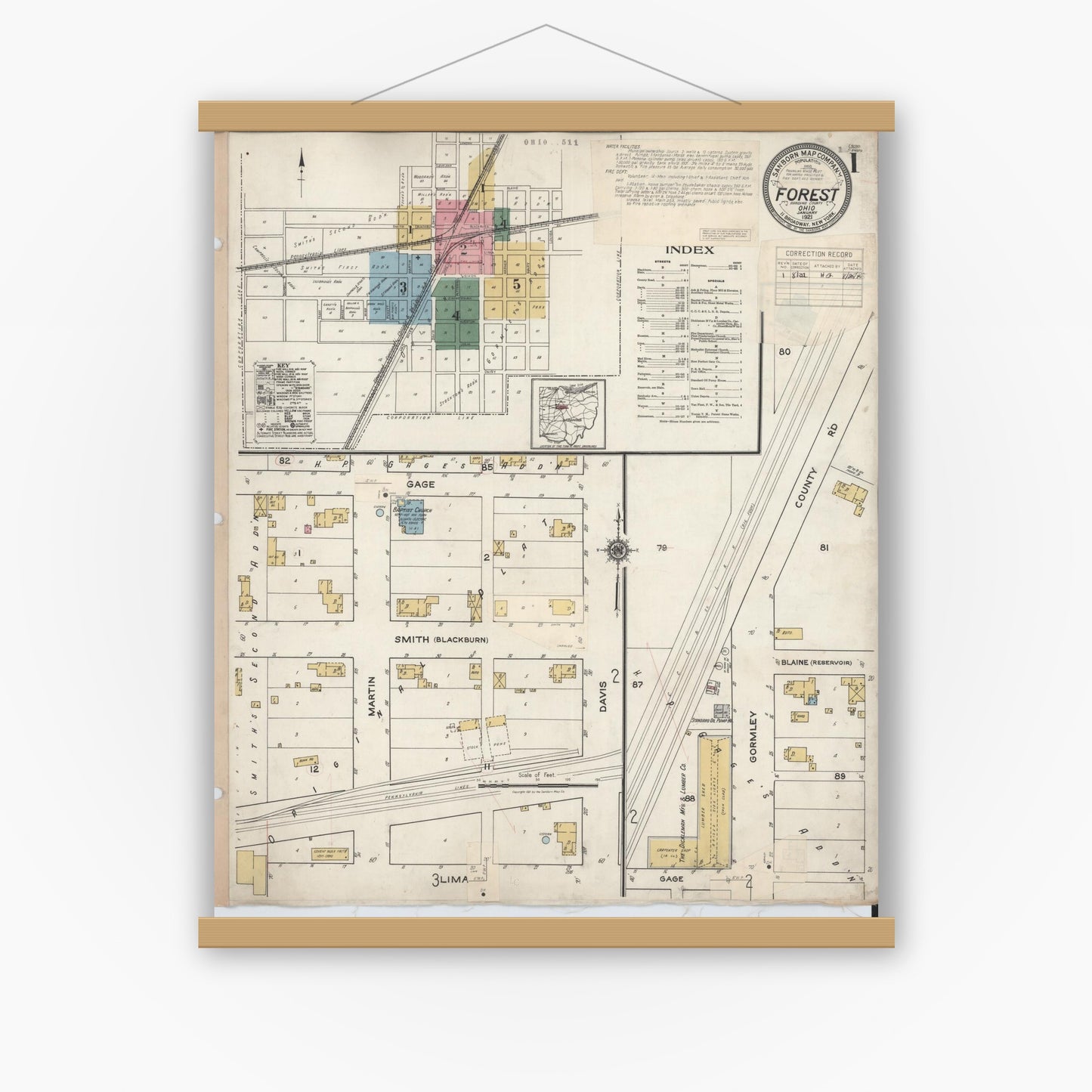 Old map wall art mockup — magnetic wood frame on white wall — Sanborn Fire Insurance Map from Forest, Hardin County, Ohio (1932), Sheet #0001