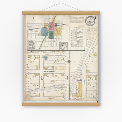Old map wall art mockup — magnetic wood frame on white wall — Sanborn Fire Insurance Map from Forest, Hardin County, Ohio (1932), Sheet #0001