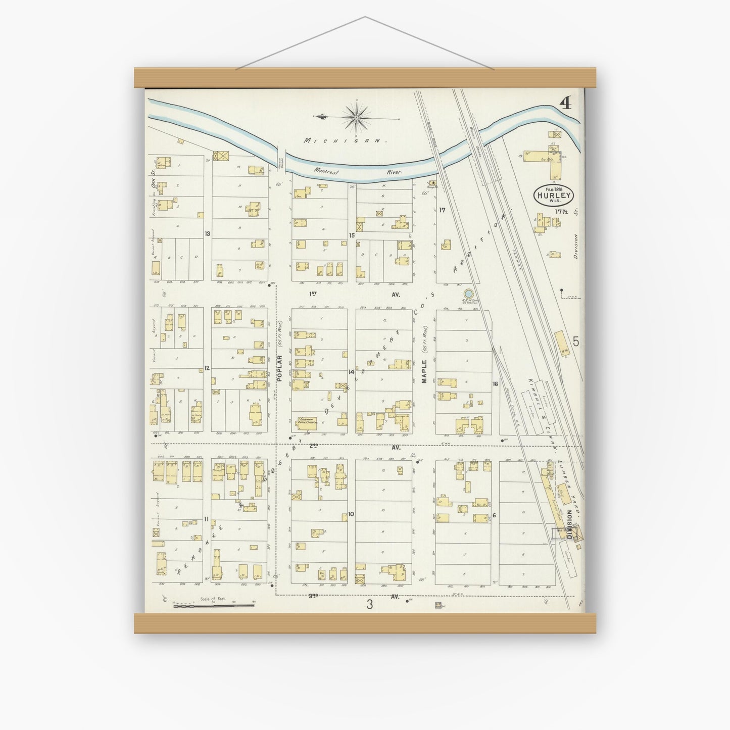 Old map wall art mockup — magnetic wood frame on white wall — Sanborn Fire Insurance Map from Hurley, Iron County, Wisconsin (1898), Sheet #0004