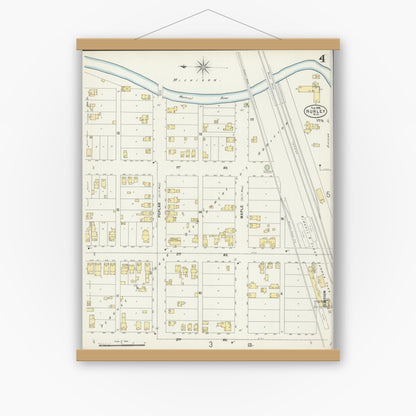 Old map wall art mockup — magnetic wood frame on white wall — Sanborn Fire Insurance Map from Hurley, Iron County, Wisconsin (1898), Sheet #0004