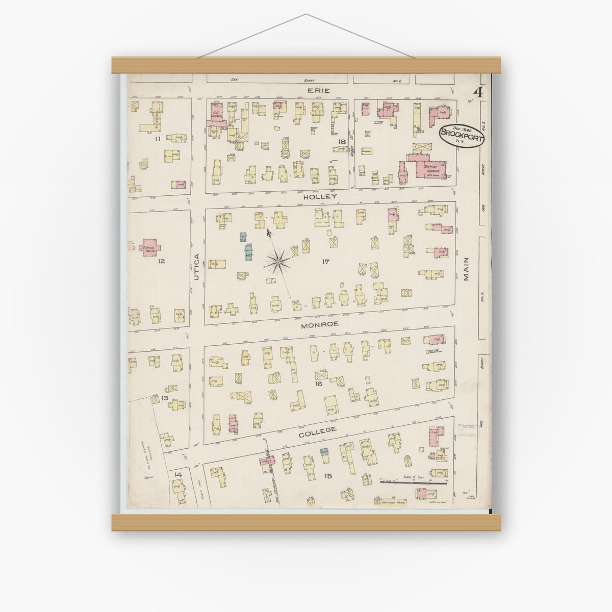 Old map wall art mockup — magnetic wood frame on white wall — Sanborn Fire Insurance Map from Brockport, Monroe County, New York (1885), Sheet #0004